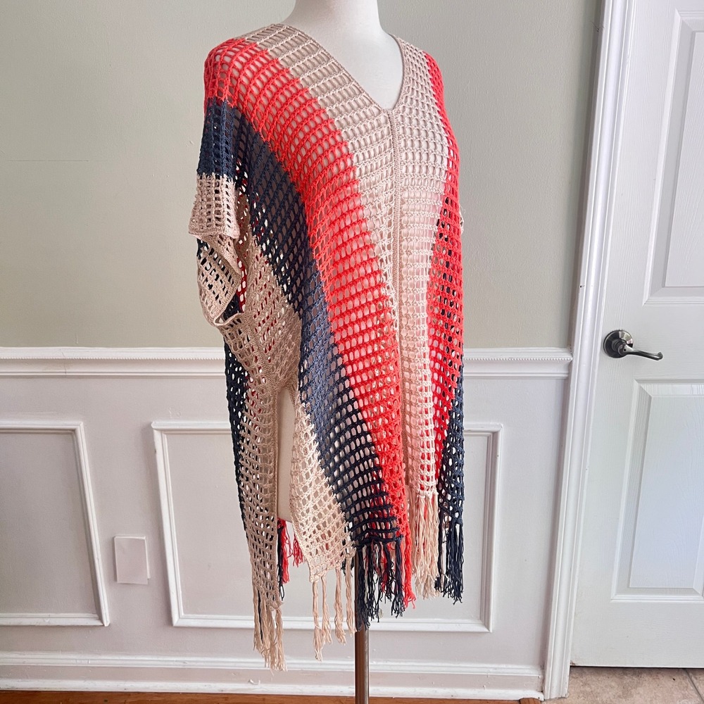 Crochet Poncho Women OS Colorblock Fringe V-Neck Mesh Coverup Multicolor Hippie - Picture 5 of 9